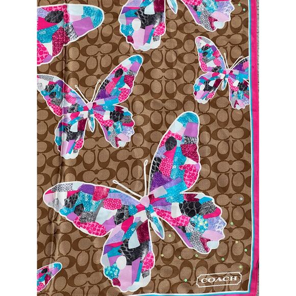 Coach Poppy Butterfly Print 100% Silk Square Scarf Brown / Pink - Picture 3 of 7